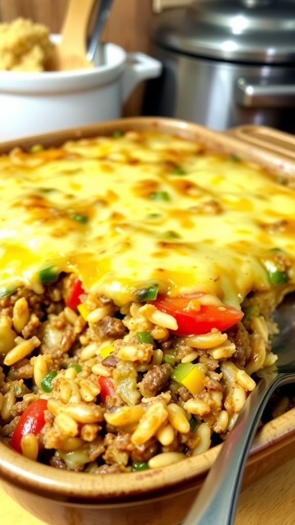 A hearty hamburger wild rice casserole with ground beef, wild rice, and vegetables, topped with melted cheese in a rustic baking dish.